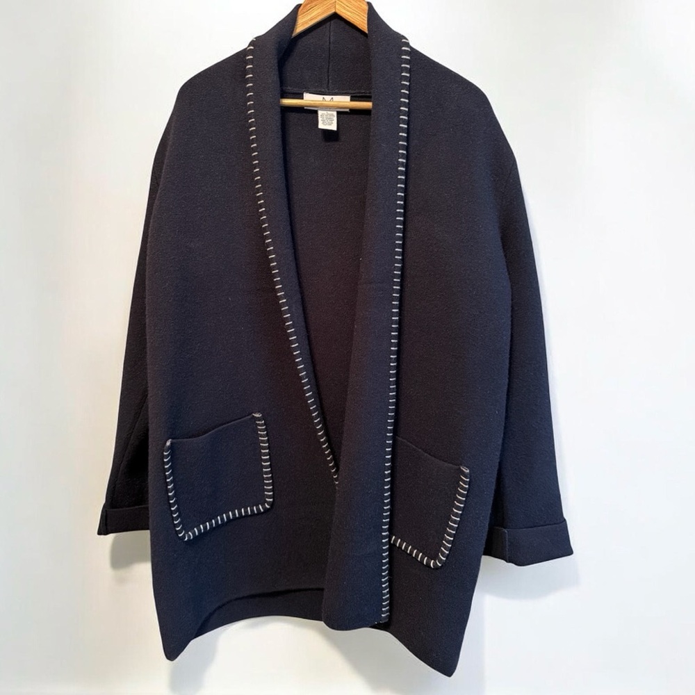 Magaschoni Navy Cardigan with White Top-Stitching NWOT